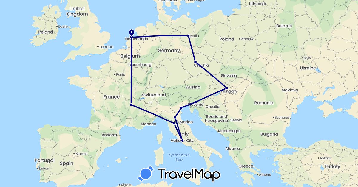 TravelMap itinerary: driving in Czech Republic, Germany, France, Hungary, Italy, Netherlands, Slovenia (Europe)