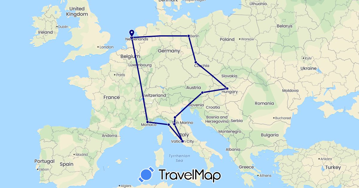 TravelMap itinerary: driving in Austria, Czech Republic, Germany, France, Hungary, Italy, Netherlands (Europe)