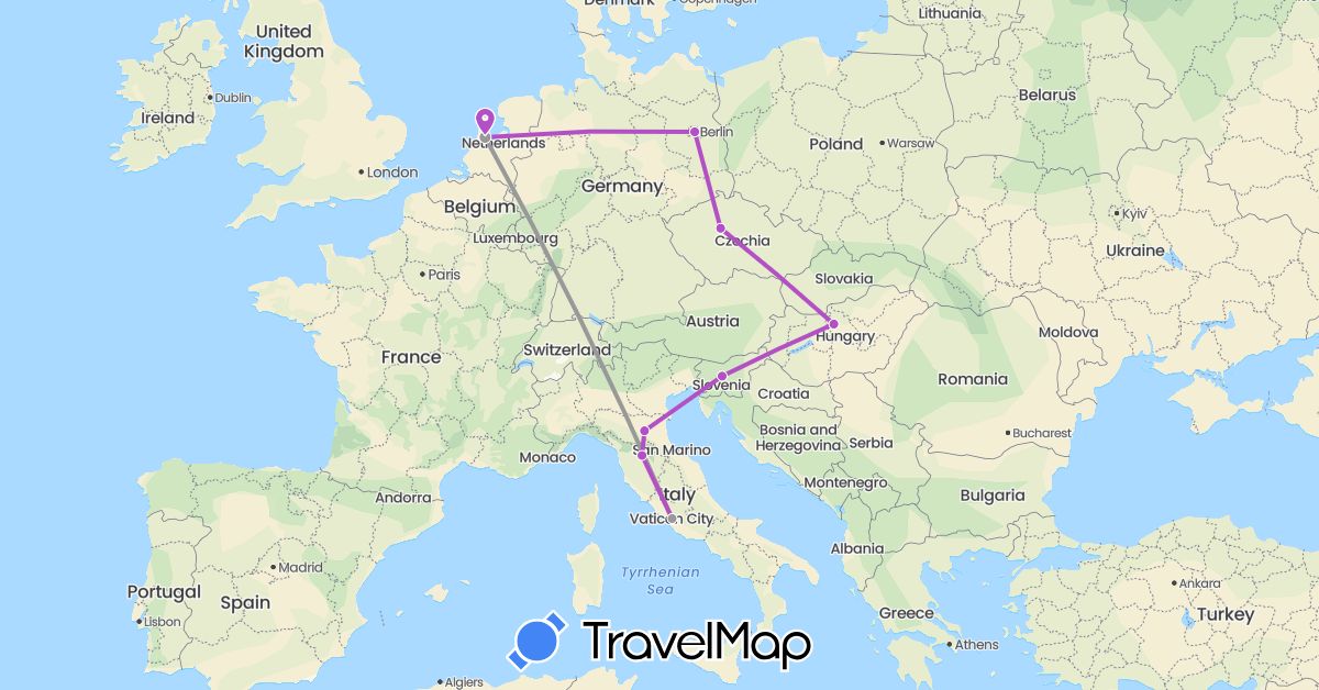 TravelMap itinerary: driving, plane, train in Czech Republic, Germany, Hungary, Italy, Netherlands, Slovenia (Europe)