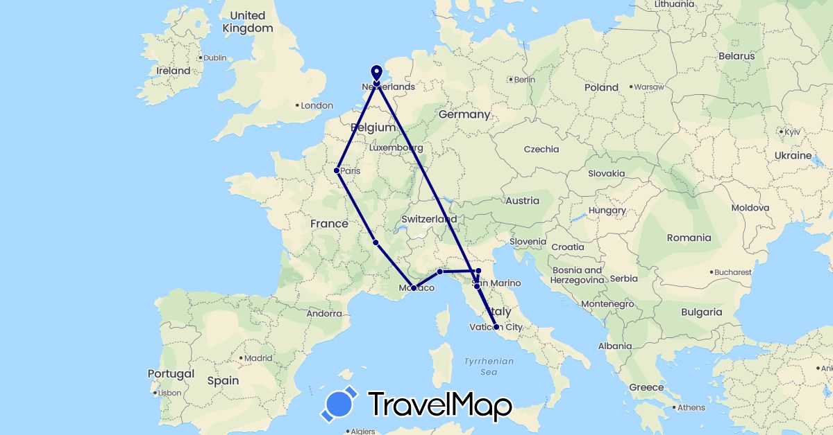 TravelMap itinerary: driving in France, Italy, Netherlands (Europe)