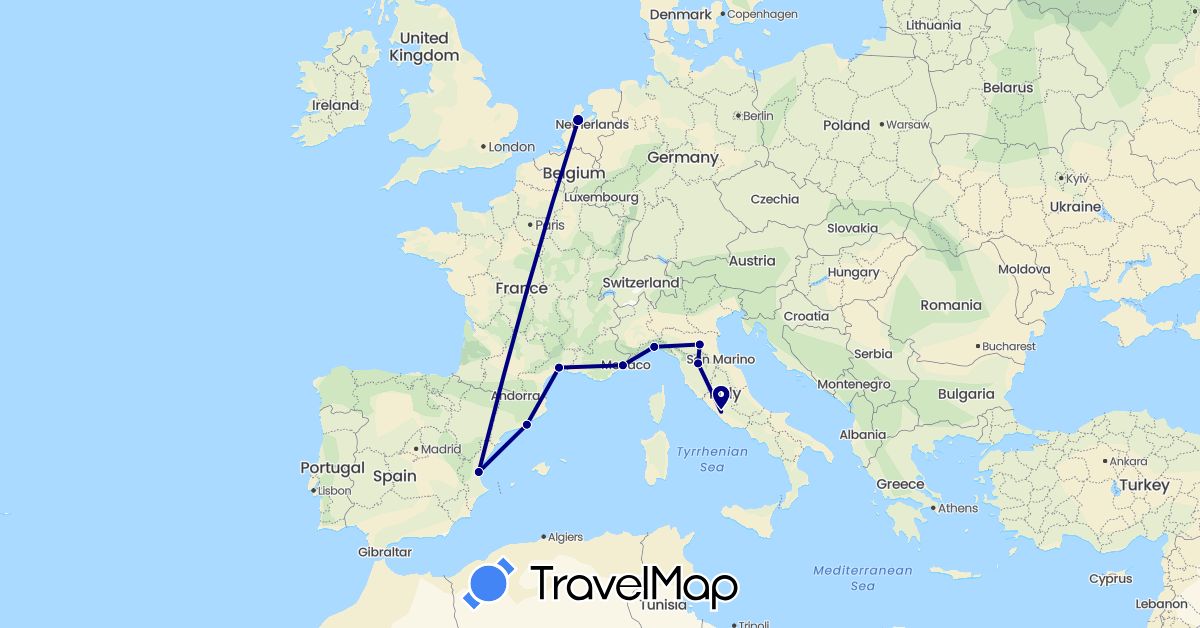 TravelMap itinerary: driving in Spain, France, Italy, Netherlands (Europe)